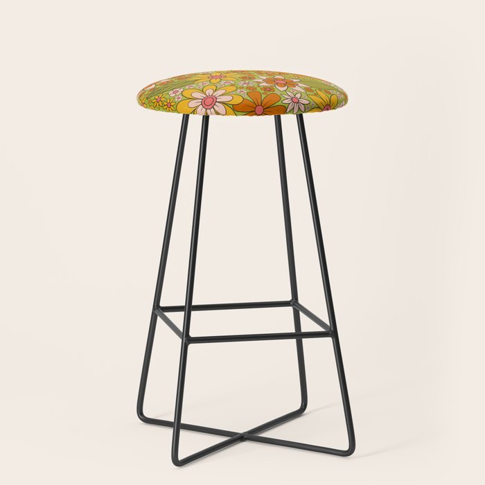 1960s, 1970s Retro Floral in Green, Pink & Orange - Flower Power Stool Gallery Image 1