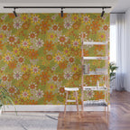 1960s, 1970s Retro Floral in Green, Pink & Orange - Flower Power Wall Mural Gallery Image 1