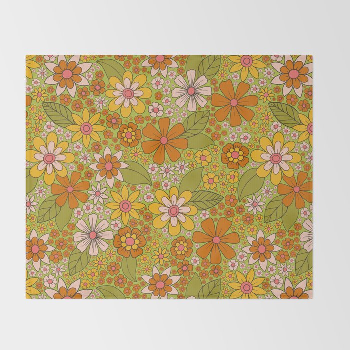 1960s, 1970s Retro Floral in Green, Pink & Orange - Flower Power Throw Blanket Gallery Image 2
