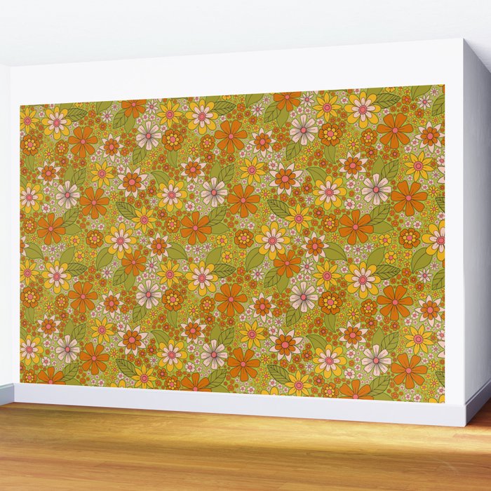 1960s, 1970s Retro Floral in Green, Pink & Orange - Flower Power Wall Mural Gallery Image 2