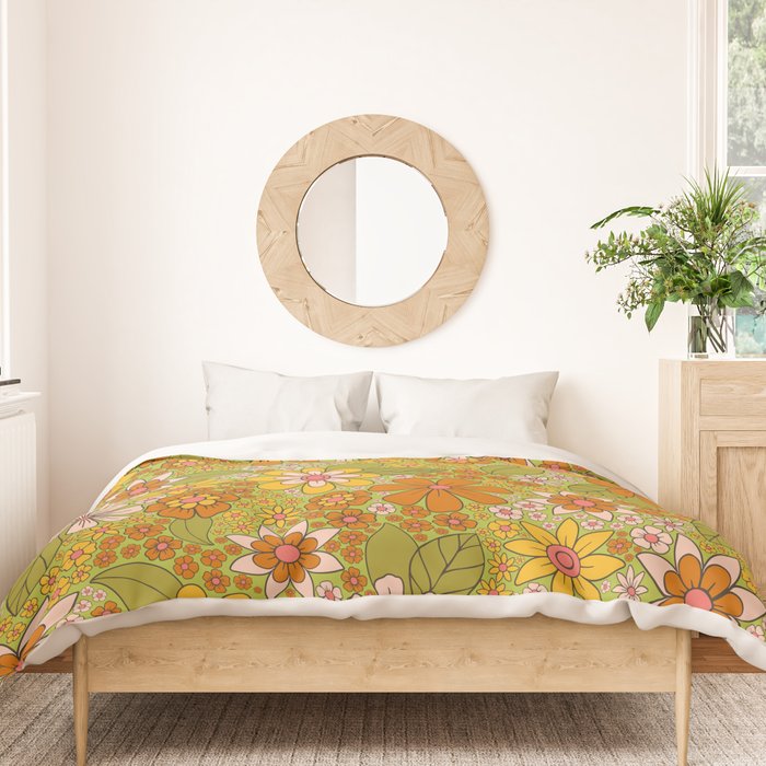 1960s, 1970s Retro Floral in Green, Pink & Orange - Flower Power Duvet Cover Gallery Image 3
