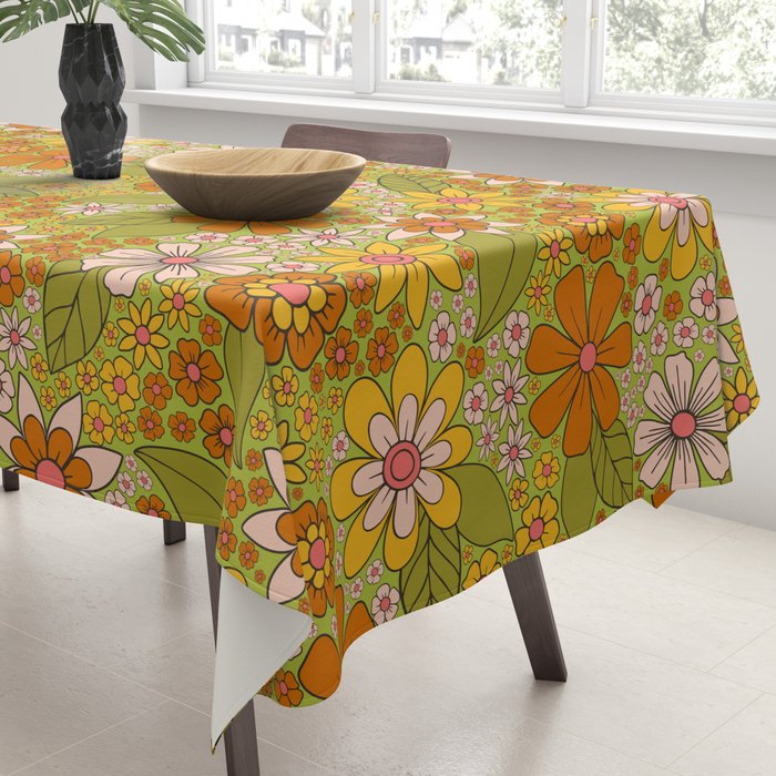 1960s, 1970s Retro Floral in Green, Pink & Orange - Flower Power Tablecloth Gallery Image 3