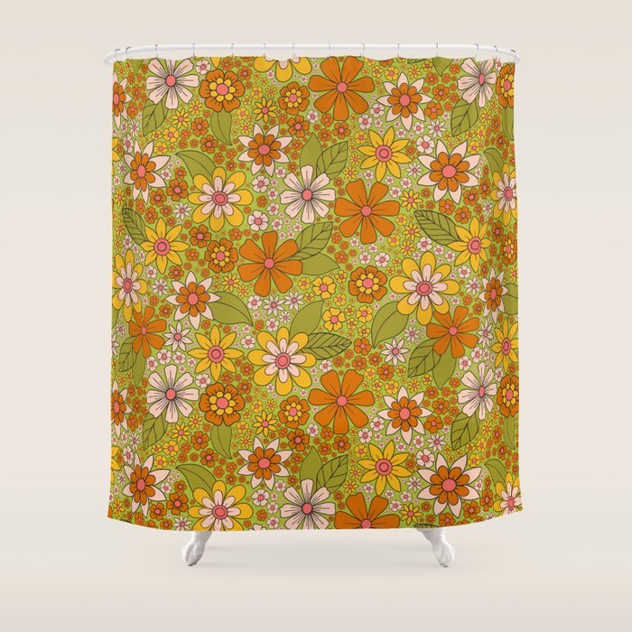 1960s, 1970s Retro Floral in Green, Pink & Orange - Flower Power Shower Curtain Gallery Image 1