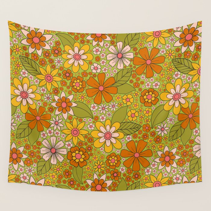 1960s, 1970s Retro Floral in Green, Pink & Orange - Flower Power Wall Tapestry Gallery Image 1