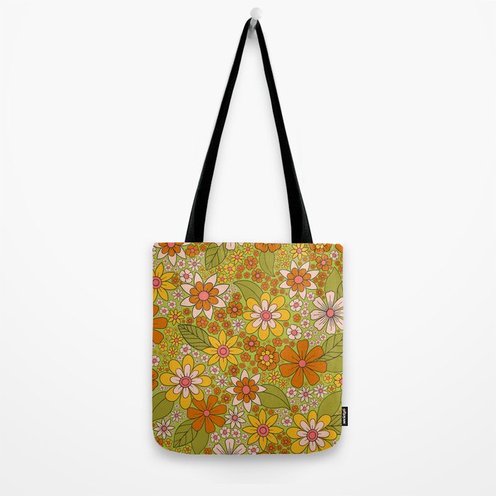 1960s, 1970s Retro Floral in Green, Pink & Orange - Flower Power Tote Bag Gallery Image 2
