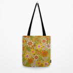 1960s, 1970s Retro Floral in Green, Pink & Orange - Flower Power Tote Bag Gallery Image 2