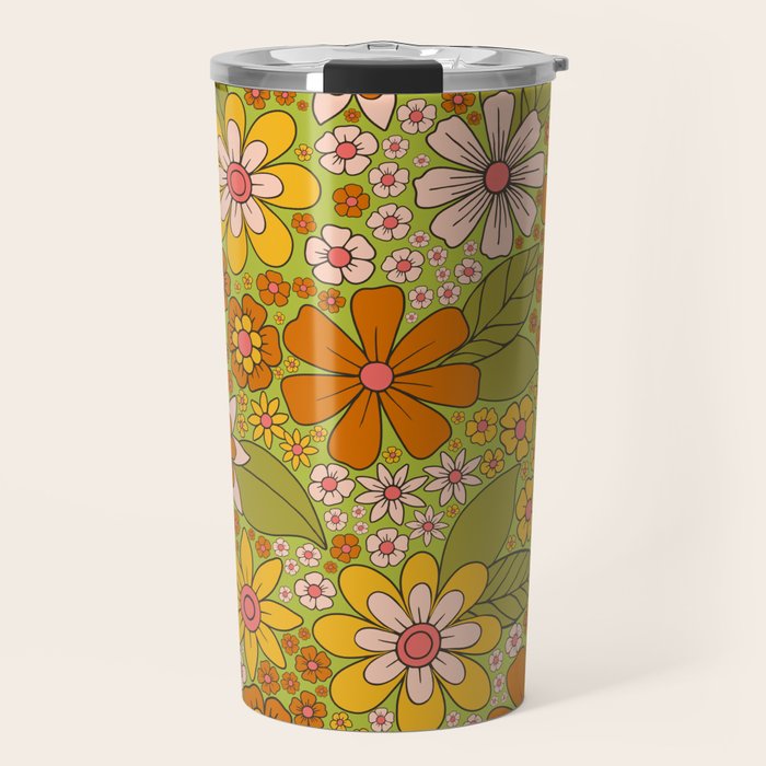 1960s, 1970s Retro Floral in Green, Pink & Orange - Flower Power Travel Mug