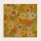 1960s, 1970s Retro Floral in Green, Pink & Orange - Flower Power Wood Wall Art Gallery Image 1