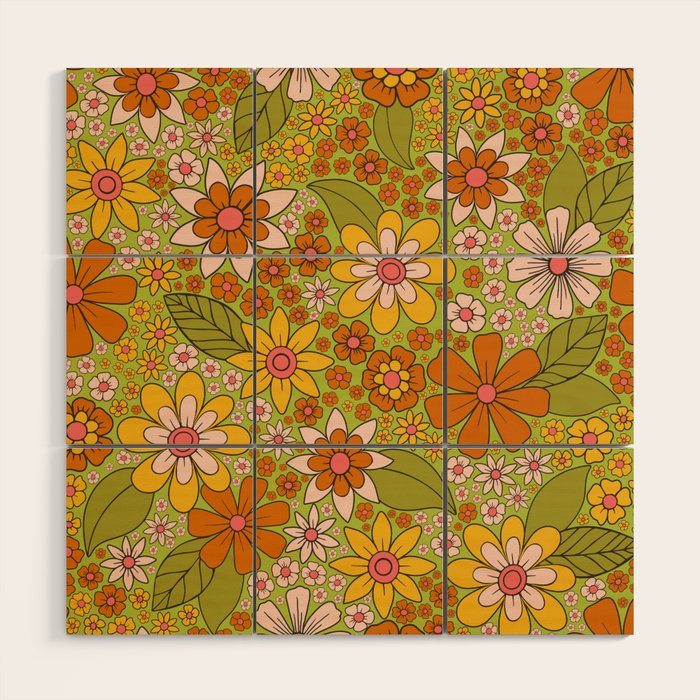 1960s, 1970s Retro Floral in Green, Pink & Orange - Flower Power Wood Wall Art Gallery Image 1
