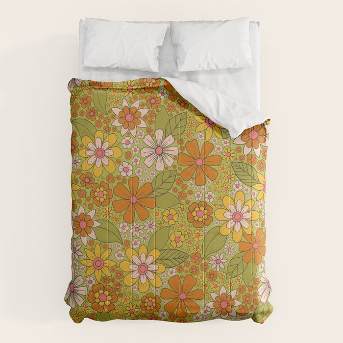 1960s, 1970s Retro Floral in Green, Pink & Orange - Flower Power Comforter Gallery Image 1