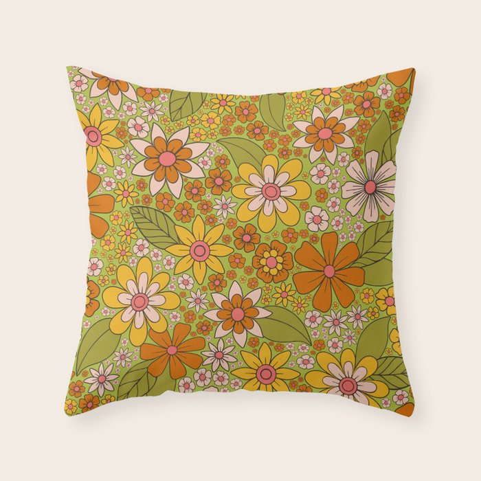 1960s, 1970s Retro Floral in Green, Pink & Orange - Flower Power Throw Pillow Gallery Image 6
