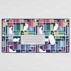 Rainbow bookshelf // navy blue background white shelf and library cats Desk Mat Gallery Image 1