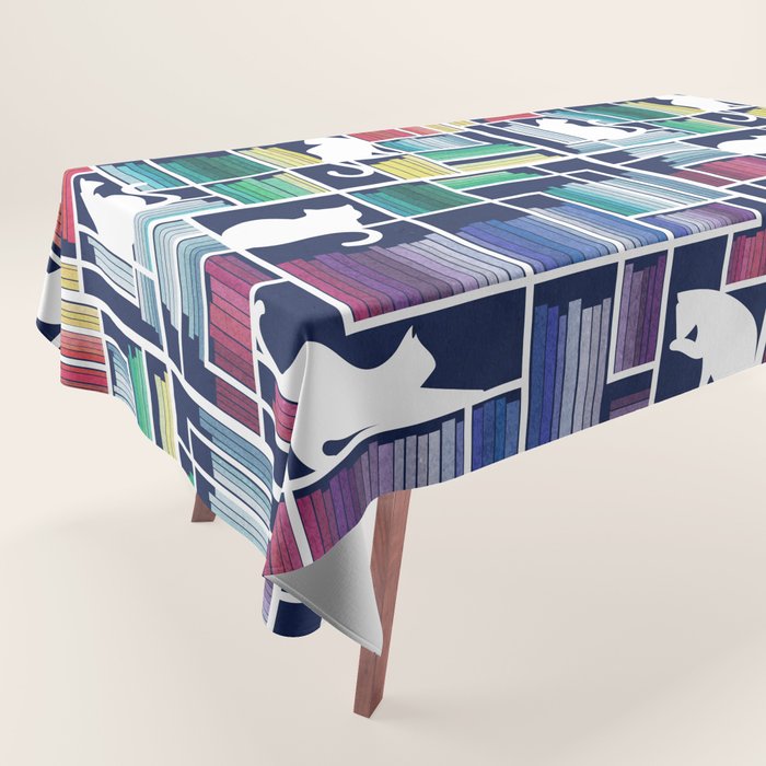 Rainbow bookshelf // navy blue background white shelf and library cats Tablecloth Gallery Image 1