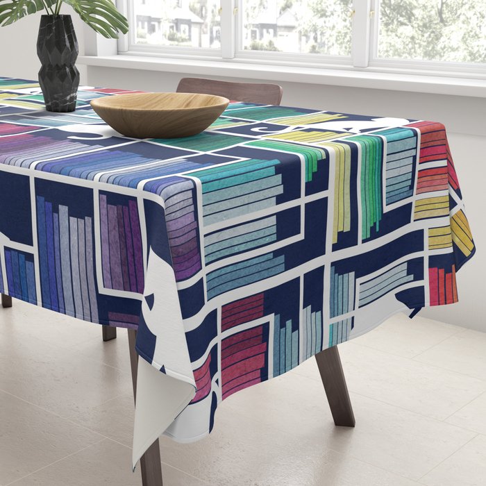 Rainbow bookshelf // navy blue background white shelf and library cats Tablecloth Gallery Image 3