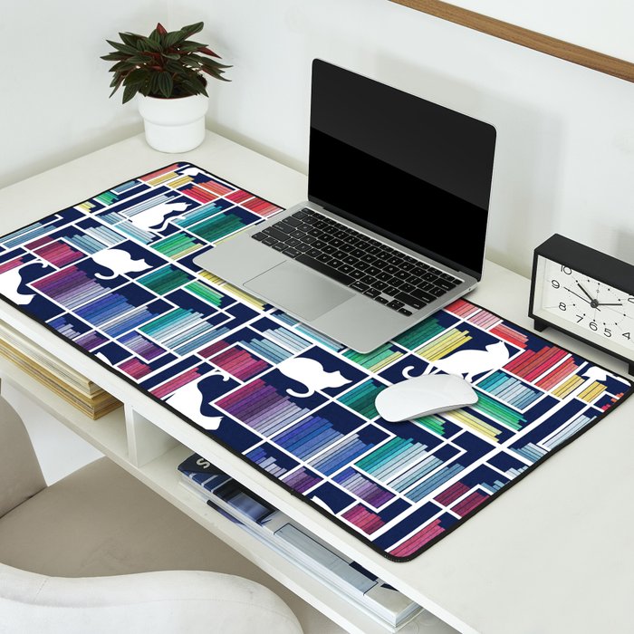 Rainbow bookshelf // navy blue background white shelf and library cats Desk Mat Gallery Image 2