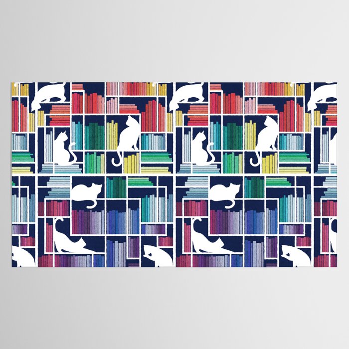 Rainbow bookshelf // navy blue background white shelf and library cats Tablecloth Gallery Image 2