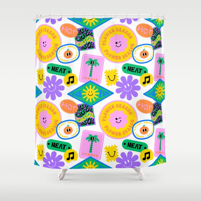 Retro funny sticker label cartoon pattern Shower Curtain Gallery Image 1