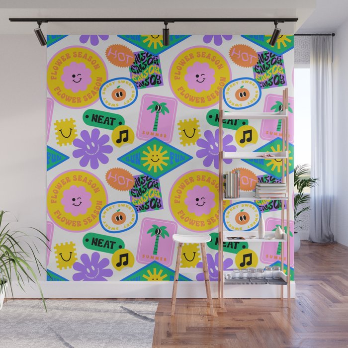 Retro funny sticker label cartoon pattern Wall Mural Gallery Image 1