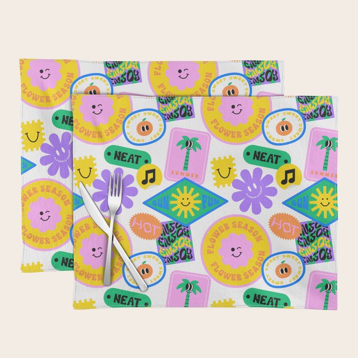 Retro funny sticker label cartoon pattern Placemat Gallery Image 1