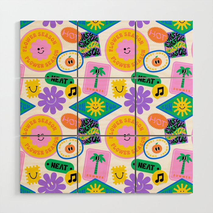 Retro funny sticker label cartoon pattern Wood Wall Art Gallery Image 1