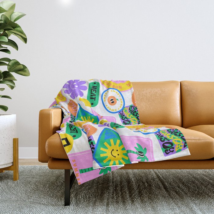 Retro funny sticker label cartoon pattern Throw Blanket Gallery Image 1