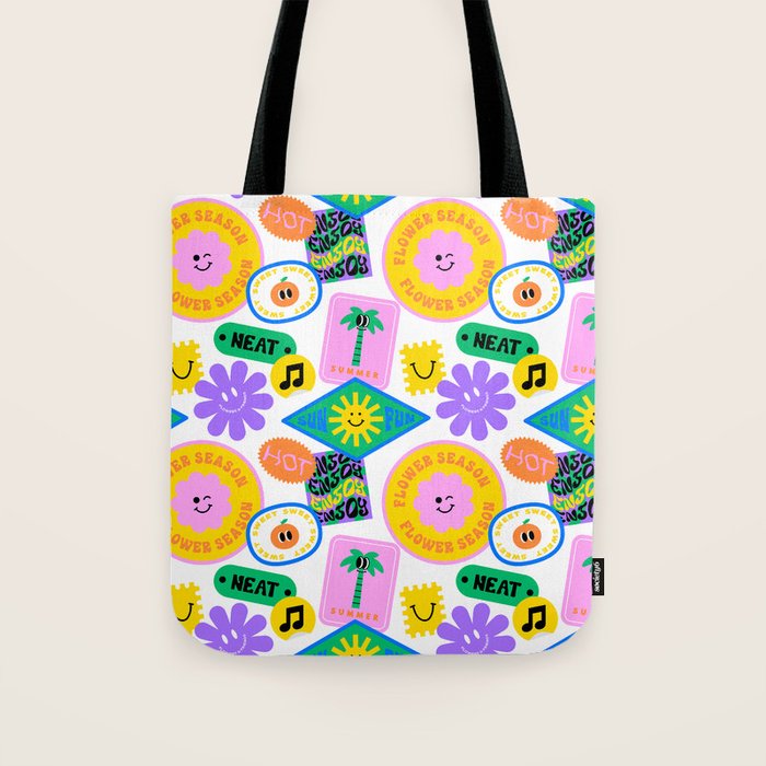 Retro funny sticker label cartoon pattern Tote Bag Gallery Image 1