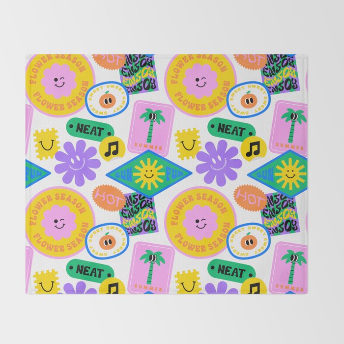 Retro funny sticker label cartoon pattern Throw Blanket Gallery Image 2