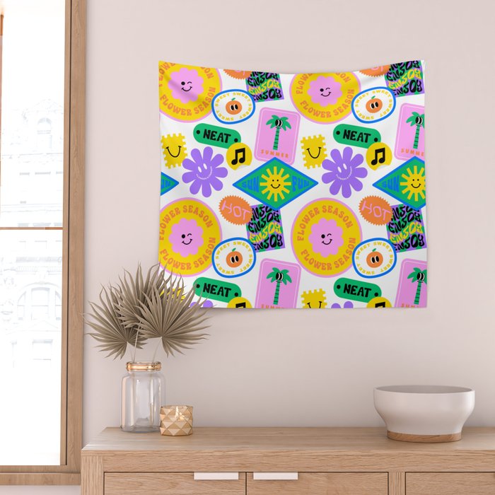 Retro funny sticker label cartoon pattern Wall Tapestry Gallery Image 2