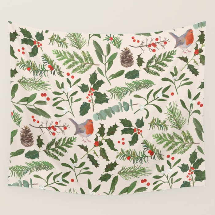 Robin in a Winter Garden Wall Tapestry Gallery Image 1
