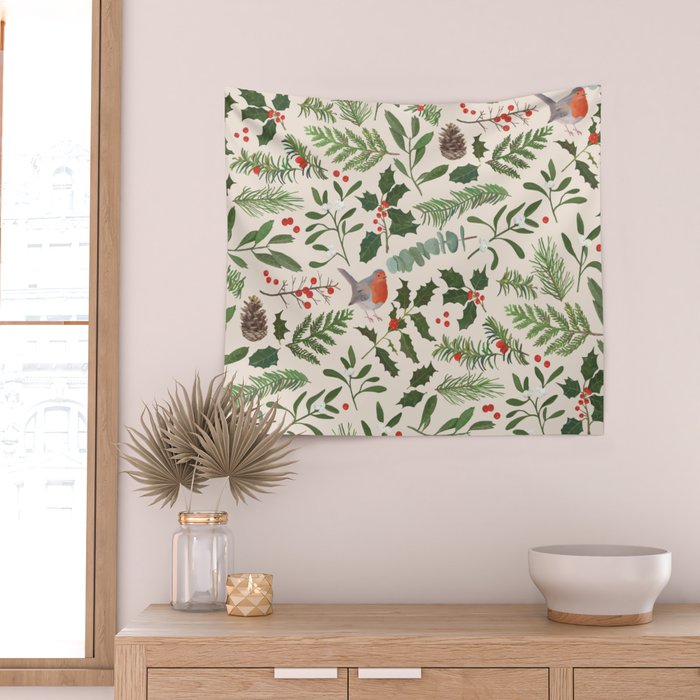 Robin in a Winter Garden Wall Tapestry Gallery Image 2
