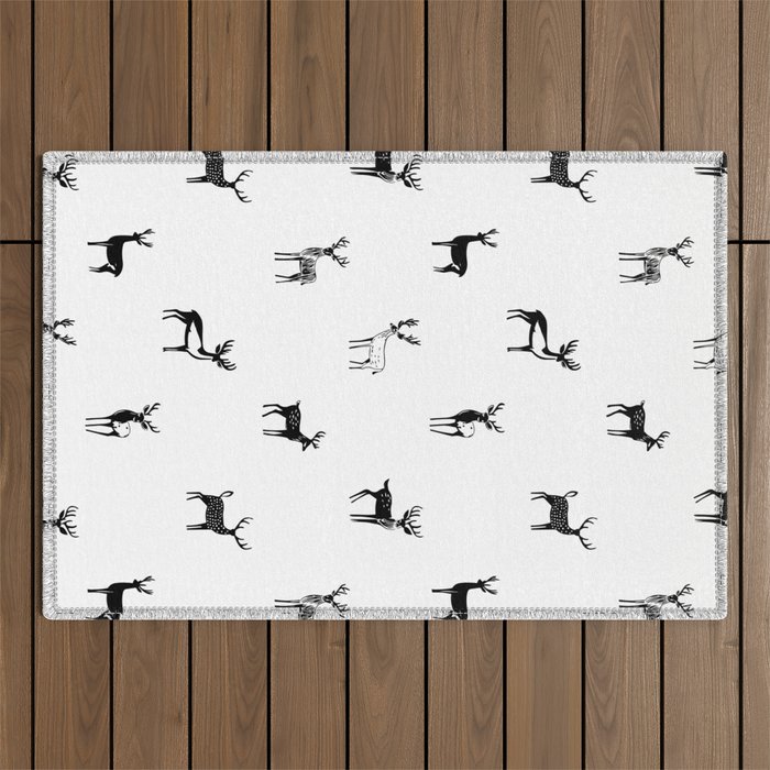 Black and white deer animal art pattern Outdoor Rug Gallery Image 1