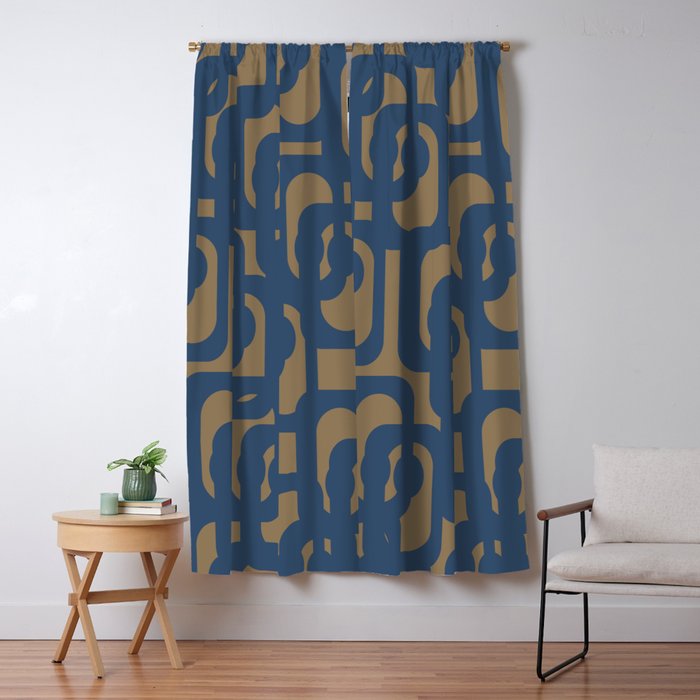 Mid Century Modern Loop Abstract Pattern in Muted Navy Blue and Brown Window Curtain Gallery Image 1