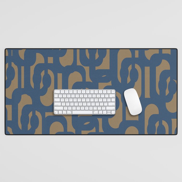 Mid Century Modern Loop Abstract Pattern in Muted Navy Blue and Brown Desk Mat Gallery Image 1