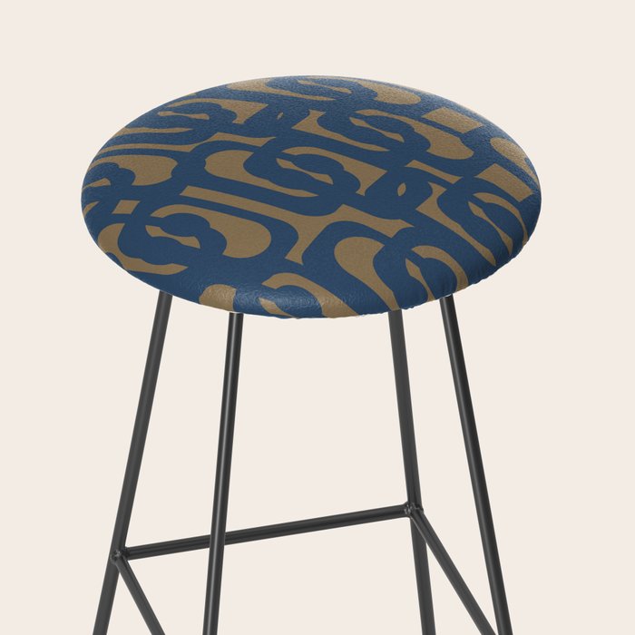 Mid Century Modern Loop Abstract Pattern in Muted Navy Blue and Brown Stool Gallery Image 2