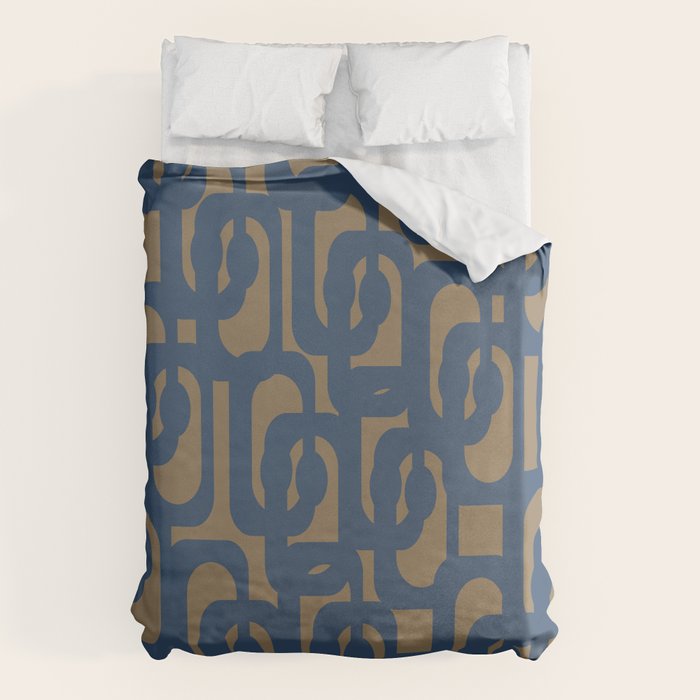 Mid Century Modern Loop Abstract Pattern in Muted Navy Blue and Brown Duvet Cover Gallery Image 1