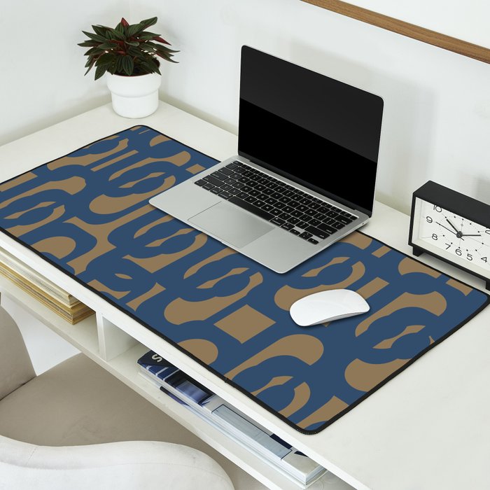 Mid Century Modern Loop Abstract Pattern in Muted Navy Blue and Brown Desk Mat Gallery Image 2