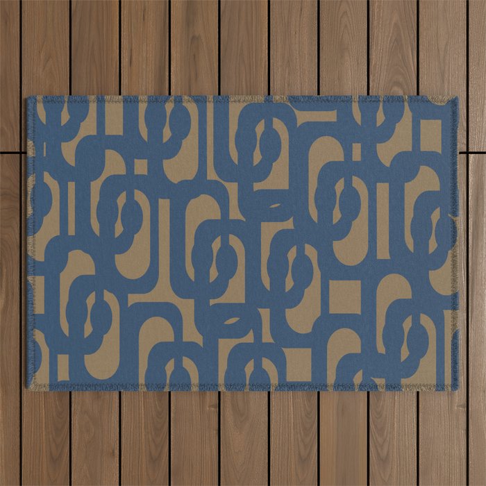 Mid Century Modern Loop Abstract Pattern in Muted Navy Blue and Brown Outdoor Rug Gallery Image 1