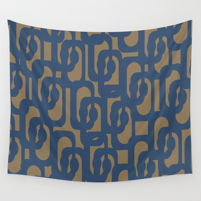 Mid Century Modern Loop Abstract Pattern in Muted Navy Blue and Brown Wall Tapestry Gallery Image 1