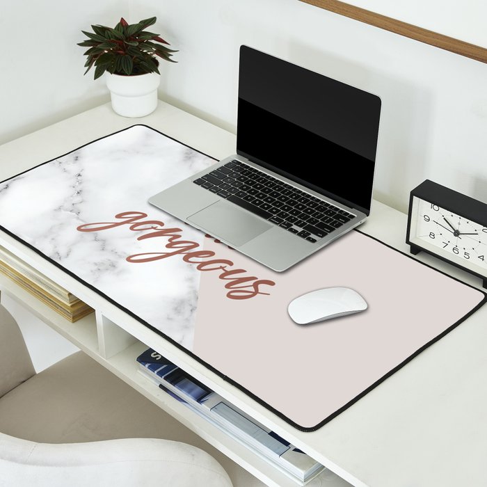 Hello Gorgeous, Rose Gold, Pink, Marble Desk Mat Gallery Image 2