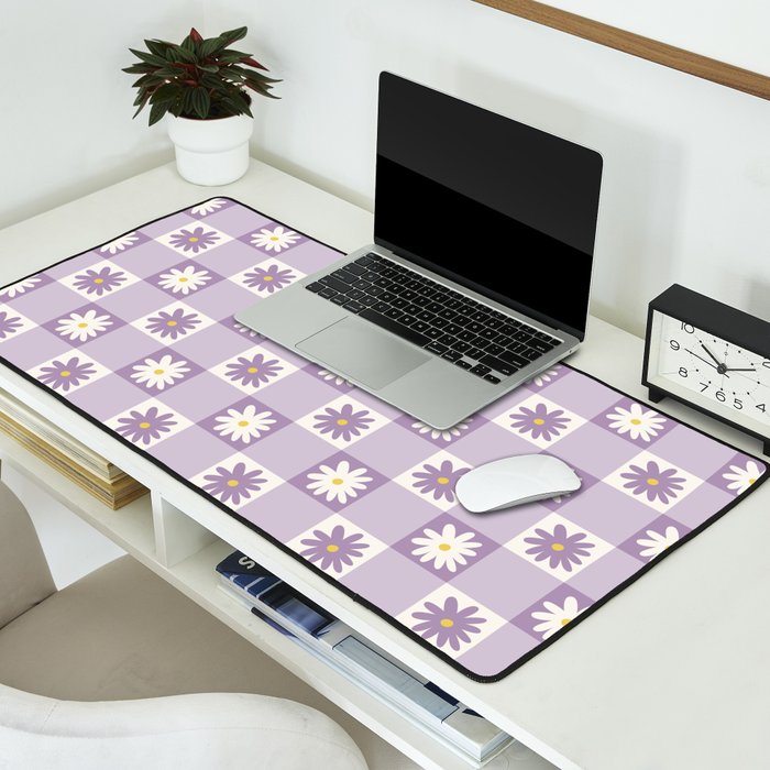 Flower Lavender Gingham Checker in Purple Desk Mat Gallery Image 2