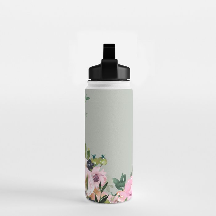 Floral Watercolor, Roses, Green and Pink Water Bottle Gallery Image 2