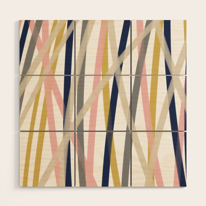 Ribbon Abstract in Mustard Yellow, Blush Pink, Navy Blue, Grey, Almond, and White Minimalist Modern Pattern Wood Wall Art Gallery Image 1