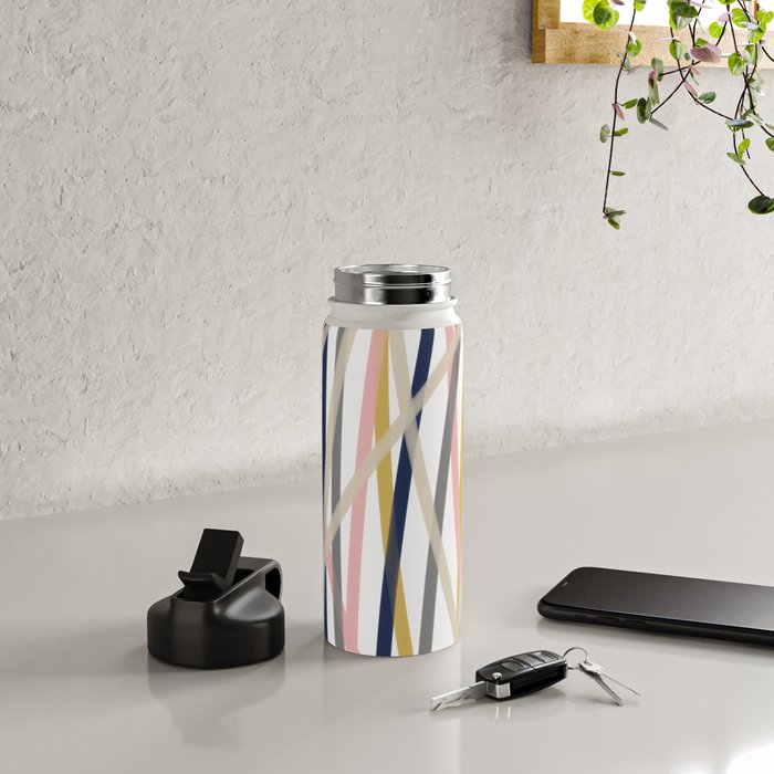 Ribbon Abstract in Mustard Yellow, Blush Pink, Navy Blue, Grey, Almond, and White Minimalist Modern Pattern Water Bottle Gallery Image 4