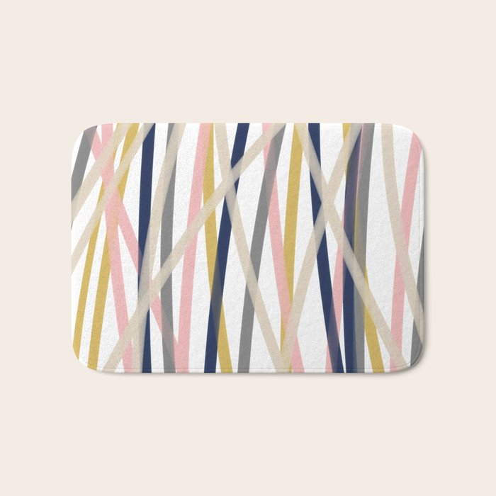 Ribbon Abstract in Mustard Yellow, Blush Pink, Navy Blue, Grey, Almond, and White Minimalist Modern Pattern Bath Mat Gallery Image 1