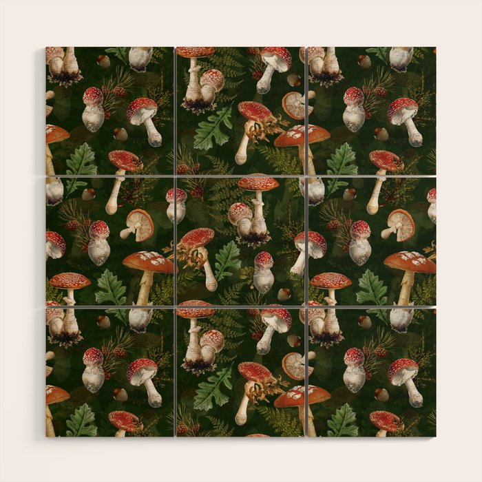Vintage Dark Night Green Mushroom Forest Wood Wall Art Gallery Image 1