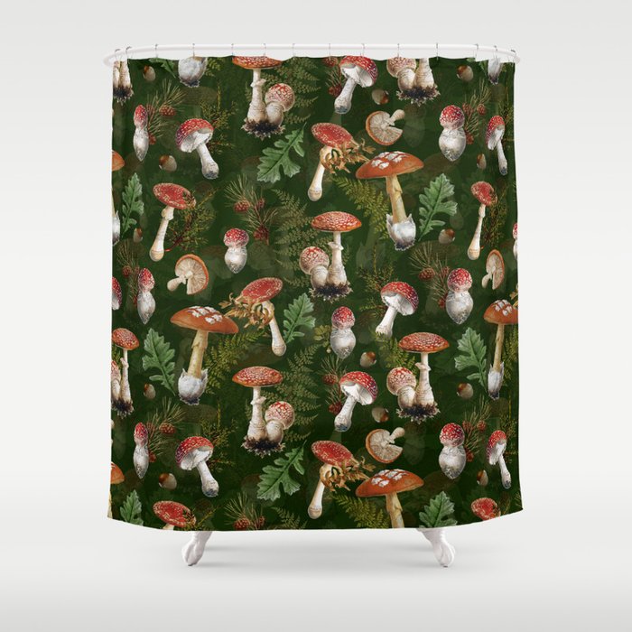 Vintage Dark Night Green Mushroom Forest Shower Curtain Gallery Image 1