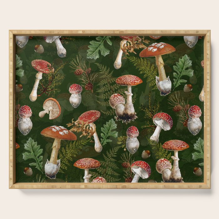 Vintage Dark Night Green Mushroom Forest Serving Tray Gallery Image 1