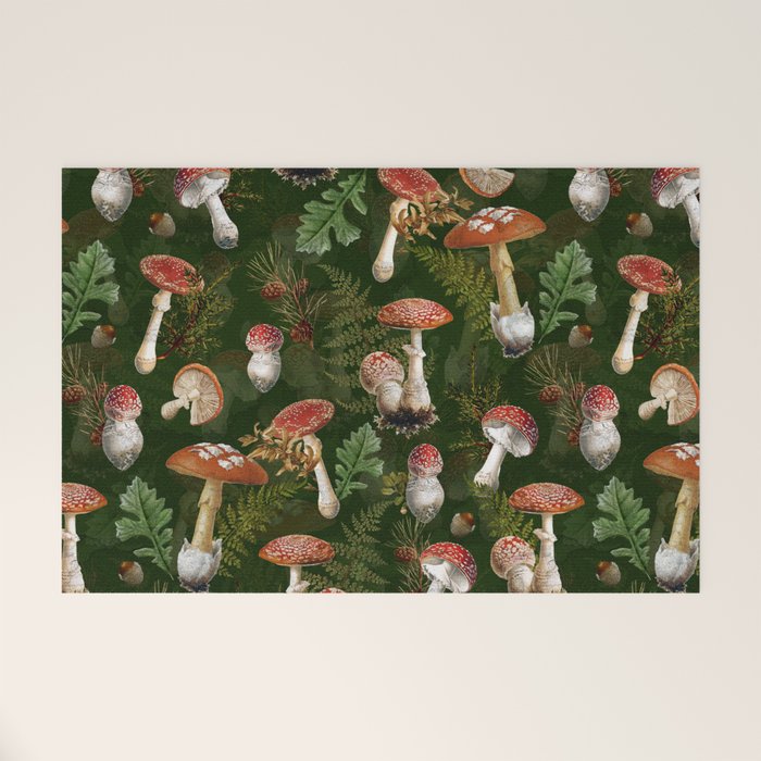 Vintage Dark Night Green Mushroom Forest Welcome Mat Gallery Image 1