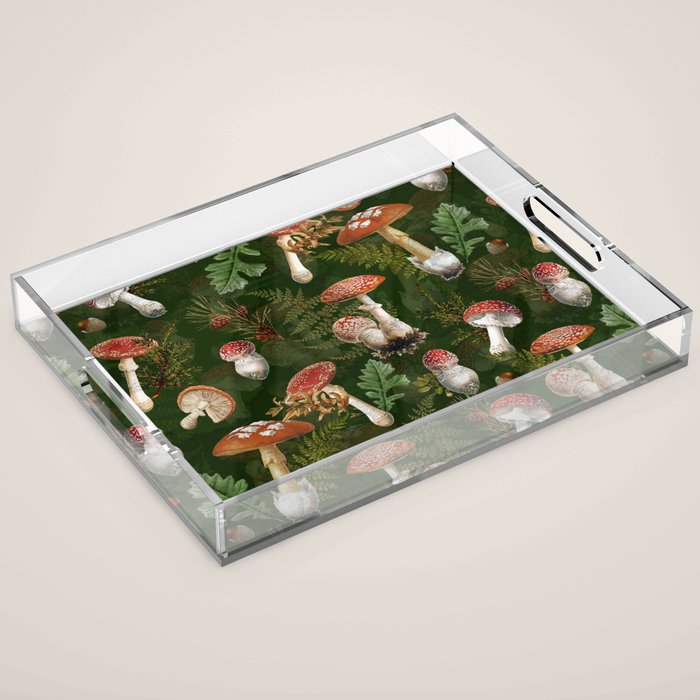 Vintage Dark Night Green Mushroom Forest Acrylic Tray Gallery Image 1