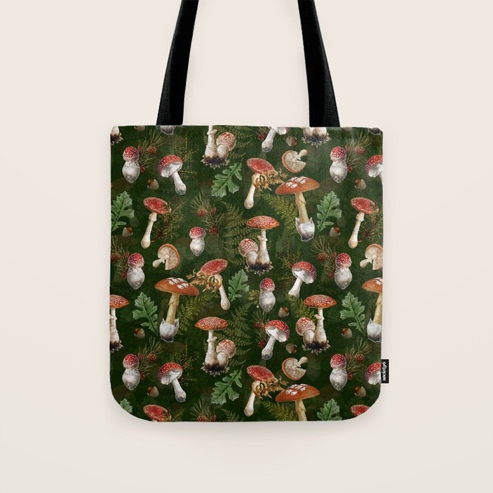 Vintage Dark Night Green Mushroom Forest Tote Bag Gallery Image 1
